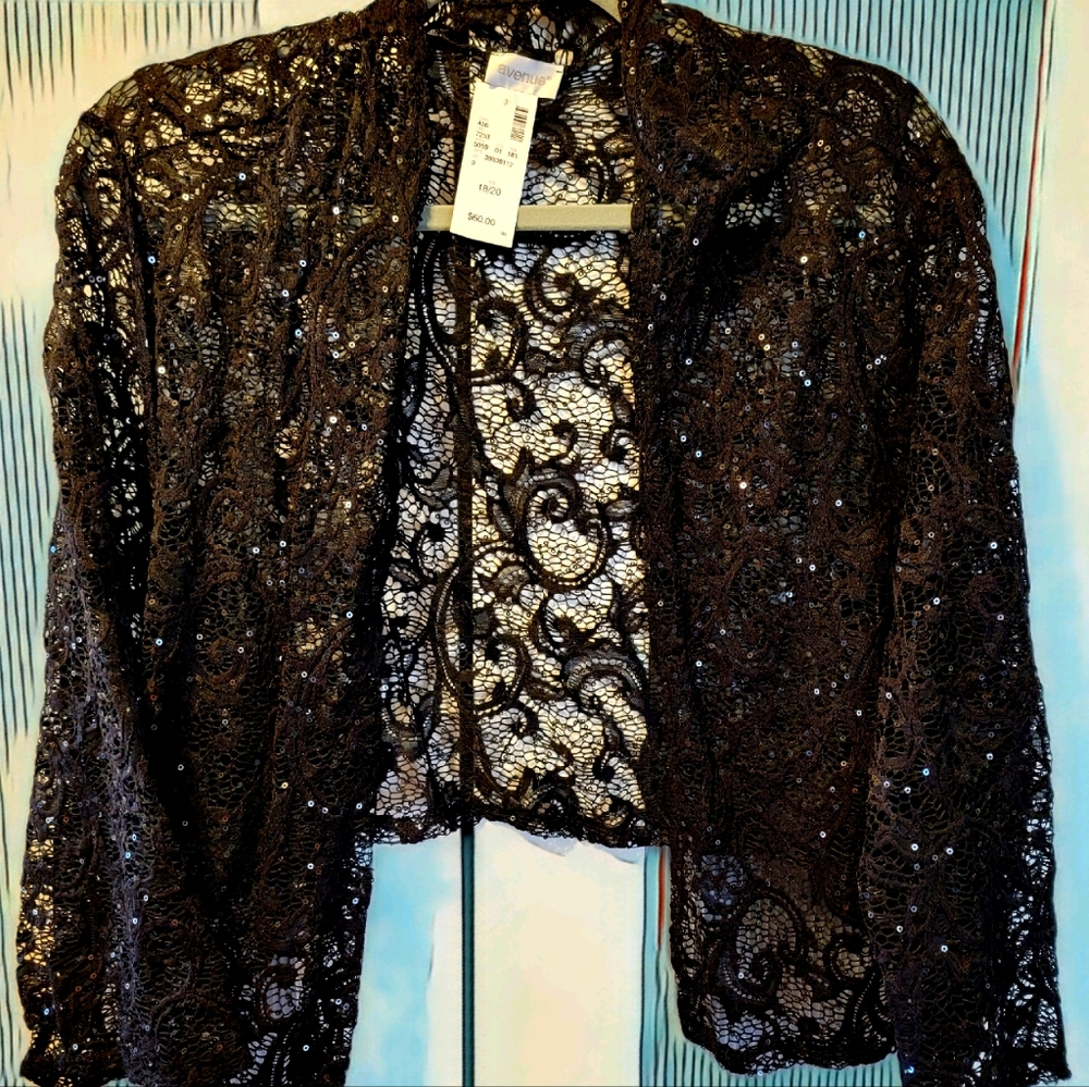 Black Lace & Sequence Formal Shrug With 3/4 Length Sleeves